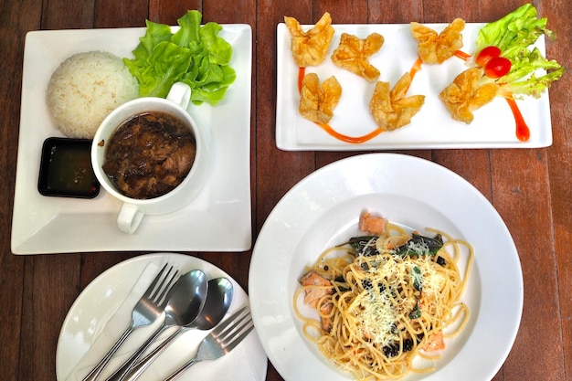 High angle view of meal served on table