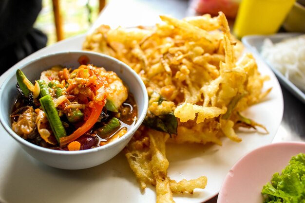 High angle view of meal served on table