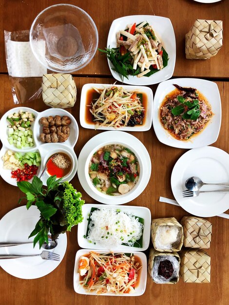 High angle view of meal served on table