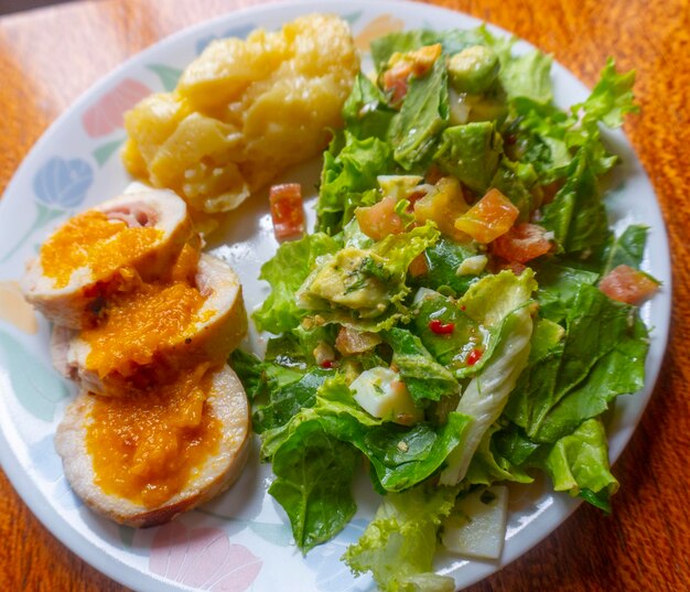 High angle view of meal served on table