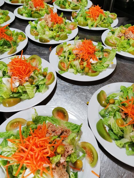 High angle view of meal served on table