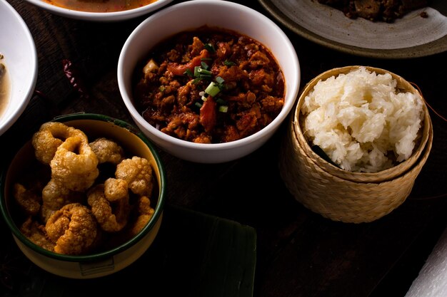 High angle view of meal served on table