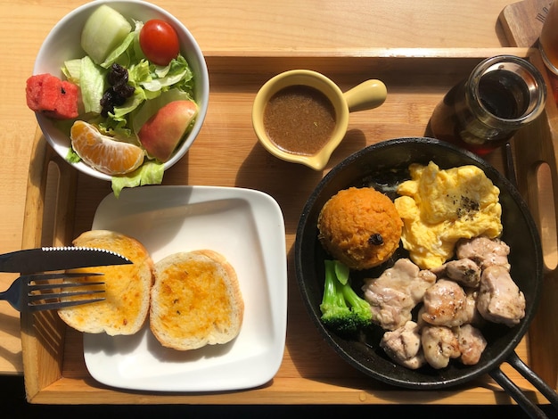 High angle view of meal served on table