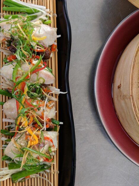 High angle view of meal served on table