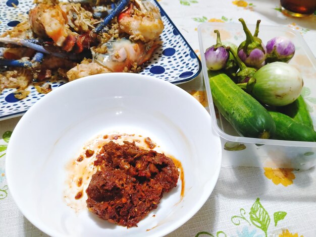 High angle view of meal served on table