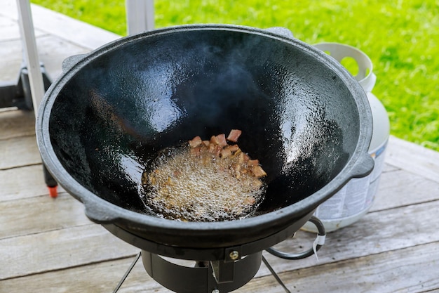 High angle view of meat on barbecue grill