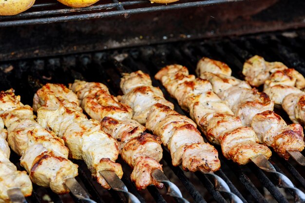 High angle view of meat on barbecue grill