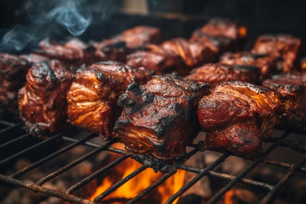 High angle view of meat on barbecue grill