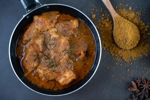 High angle view of meat in cooking pan