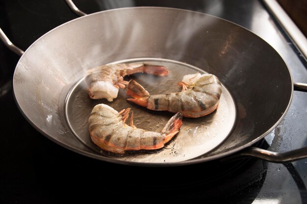 High angle view of meat in cooking pan