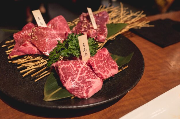 High angle view of meat and herb in plate on table