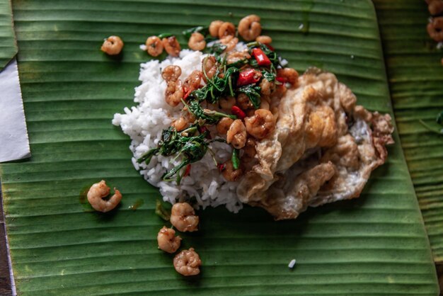 High angle view of meat and leaves on plant