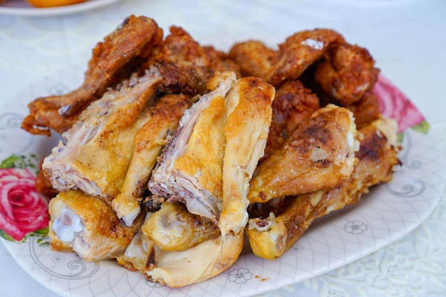 High angle view of meat in plate on table