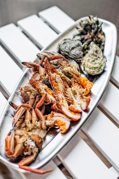 High angle view of meat in plate on table