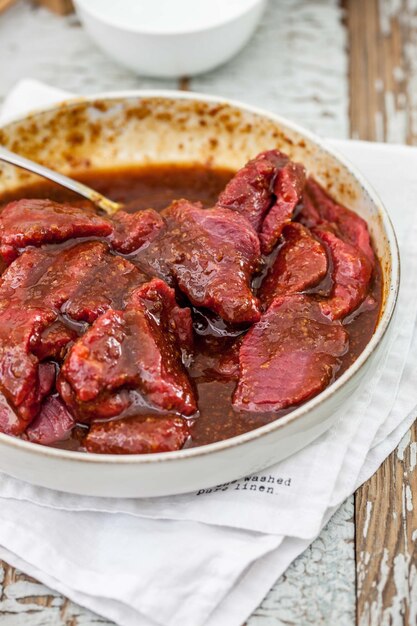 High angle view of meat in plate on table