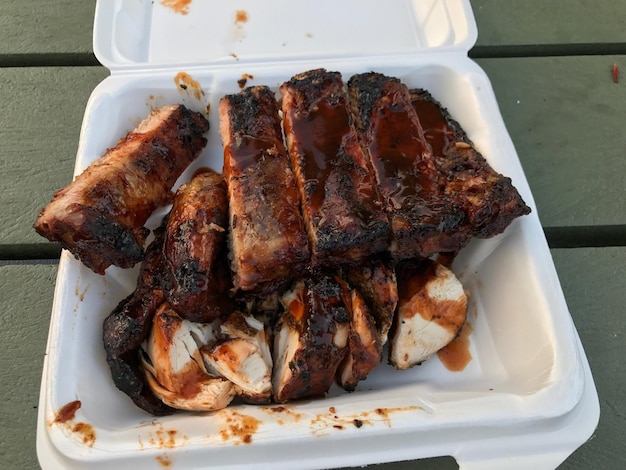 High angle view of meat in plate on table