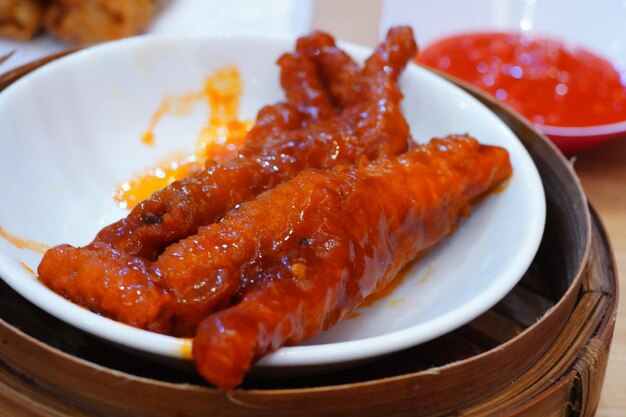 High angle view of meat in plate on table