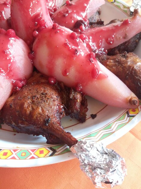 High angle view of meat in plate