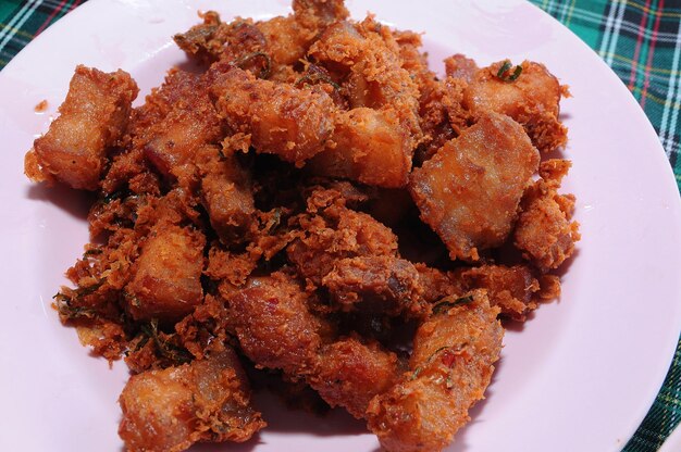 High angle view of meat served in plate on table