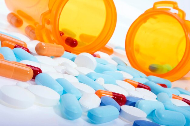 High angle view of medicines on gray background