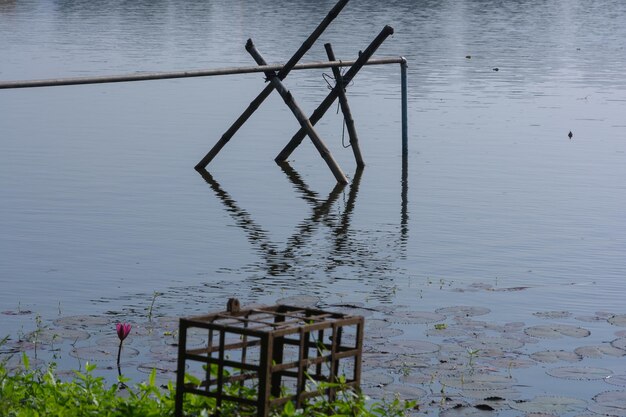 High angle view of metallic structure in lake