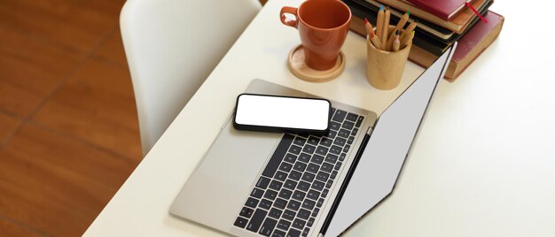 High angle view of mobile phone on table