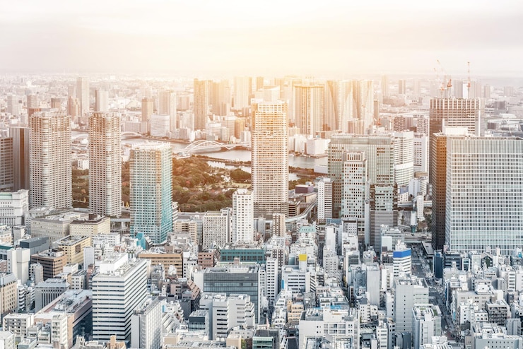Photo 空に照らして都市の近代的な建物の高角度の景色