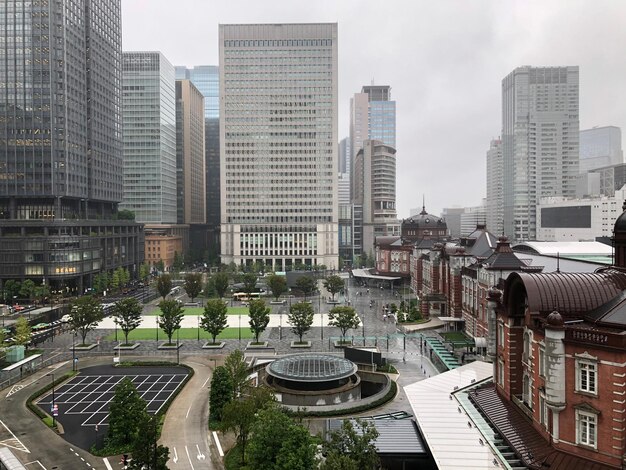 High angle view of modern buildings in city