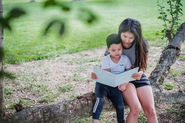 High angle view of mother reading book for son while sitting on branch in park