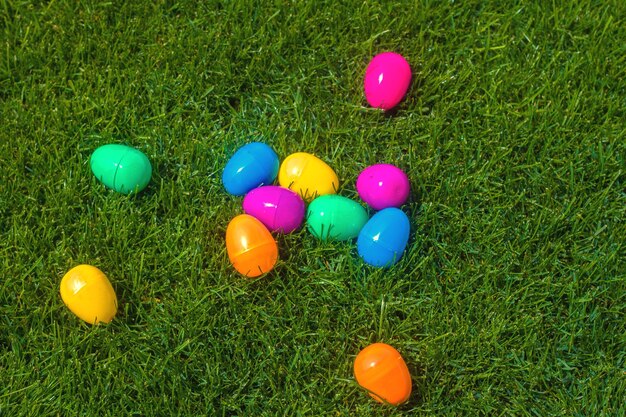 High angle view of multi colored balls on field