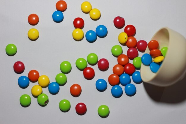 High angle view of multi colored balls on table