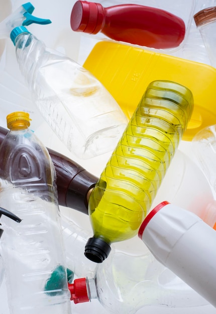 high angle view of multi colored bottles on table