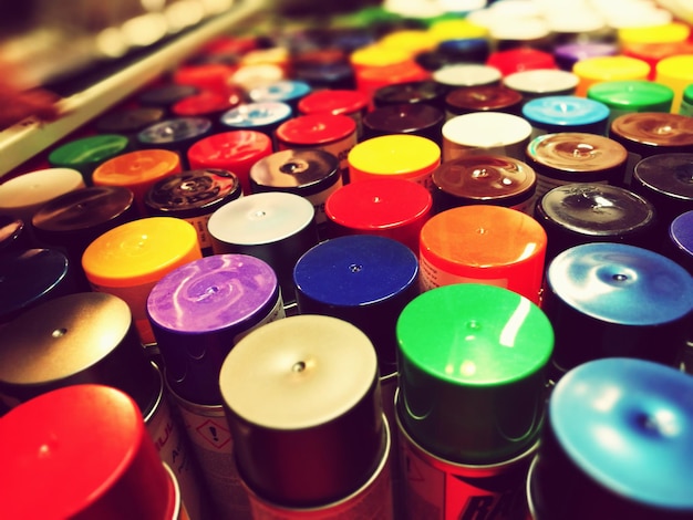 high angle view of multi colored bottles