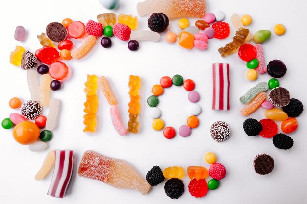 High angle view of multi colored cake on table