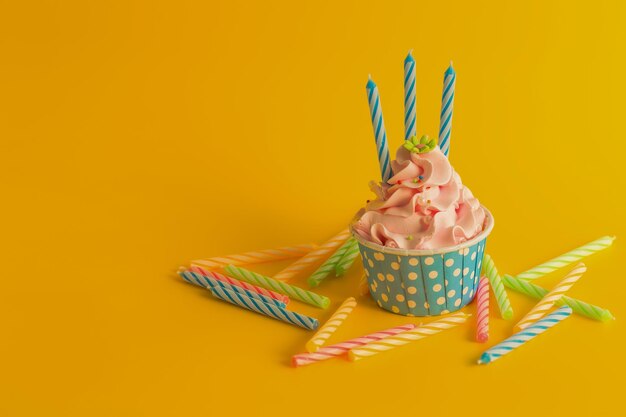 High angle view of multi colored candies against yellow background