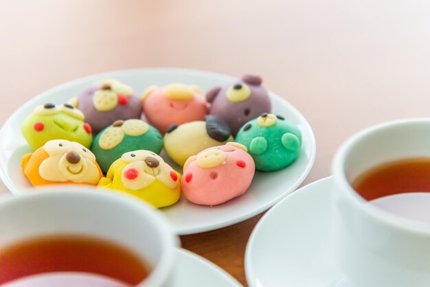 High angle view of multi colored candies on table