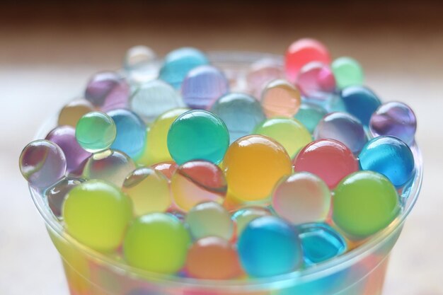 High angle view of multi colored candies on table