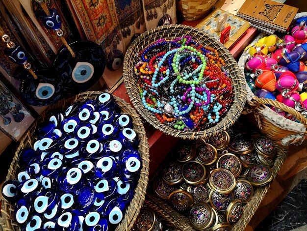 Photo high angle view of multi colored decoration in market stall