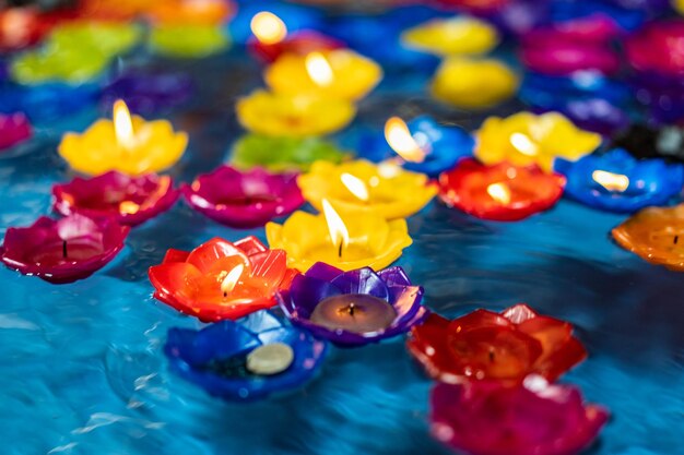 High angle view of multi colored floating on water