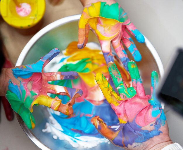 High angle view of multi colored hand art