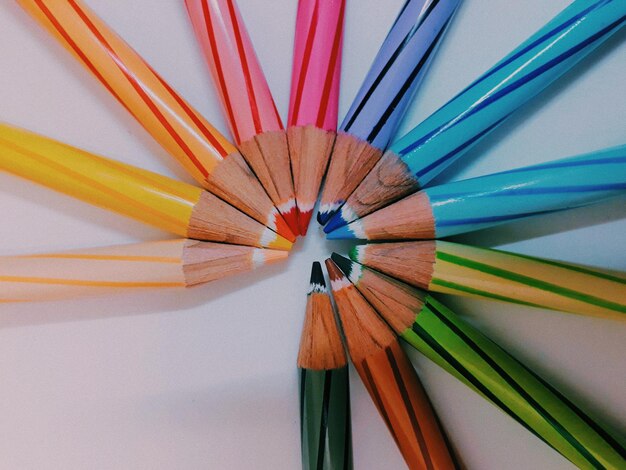 High angle view of multi colored pencils on table