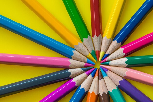 High angle view of multi colored pencils on table