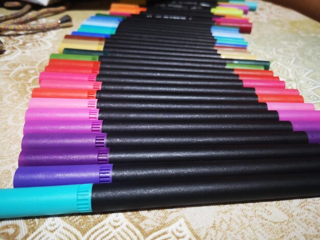 high angle view of multi colored pencils
