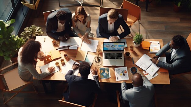 High angle view of multiethnic business people working in an office generative ai