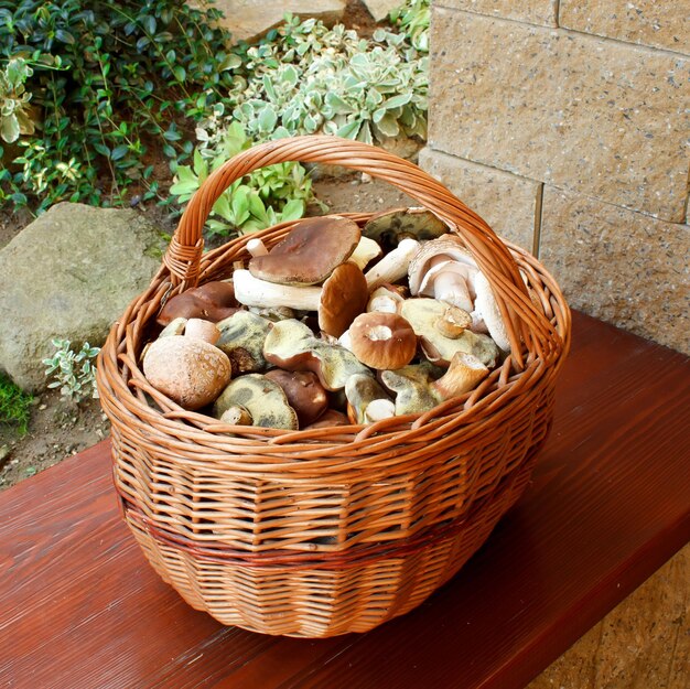 Foto vista ad alta angolazione dei funghi nel cesto sul tavolo