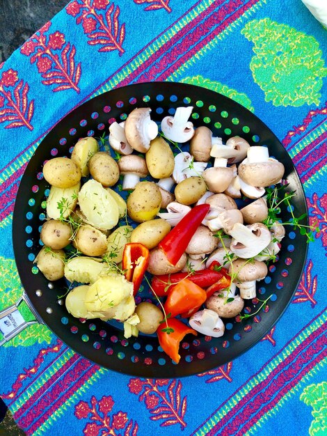 High angle view of mushrooms in bowl