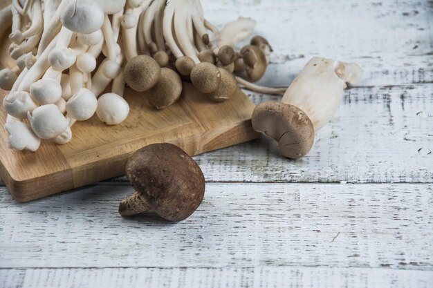 High angle view of mushrooms on table