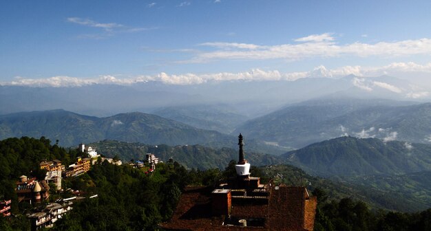 High angle view of nagarkot and mountains against sky