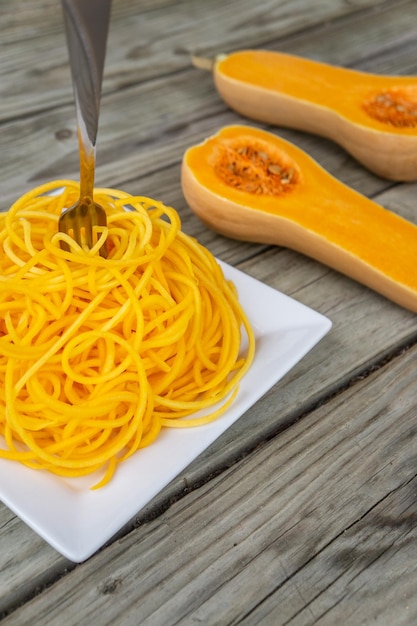 High angle view of noodles in bowl on table