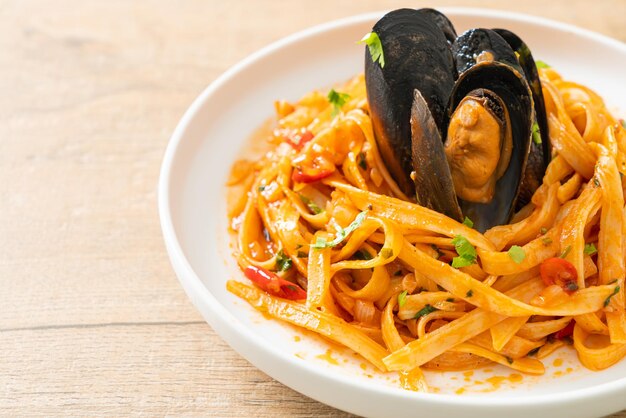 High angle view of noodles in bowl on table